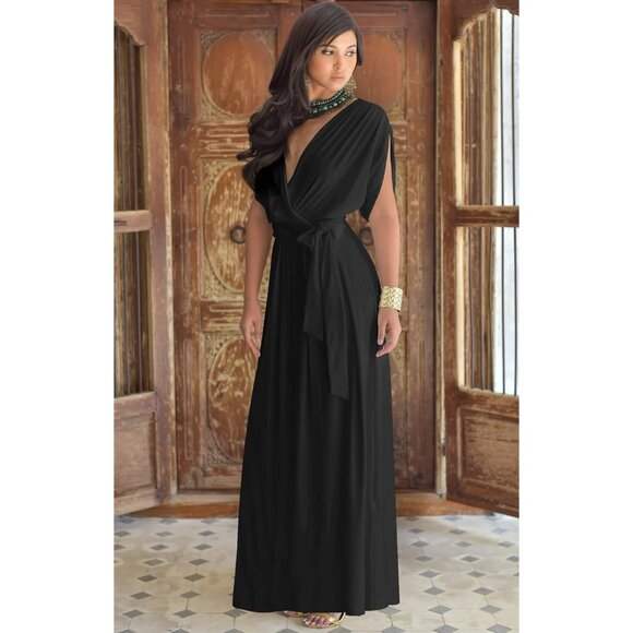Plus Size Black V-Neck Maxi Dress Stylish Elegant Formal Evening - Picture 3 of 5